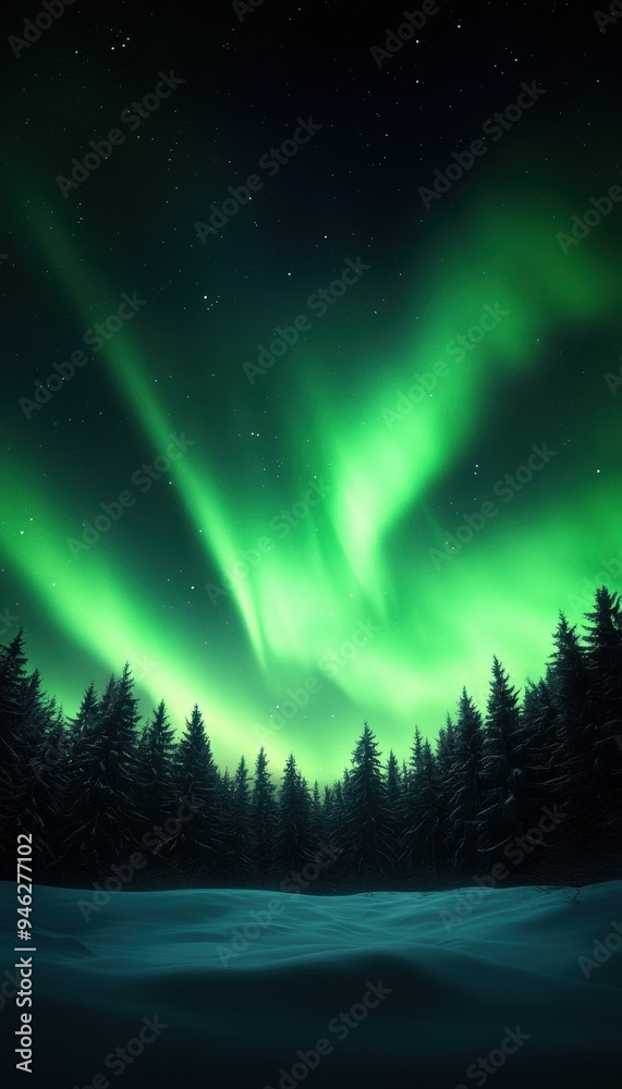 Spectacular view of the Northern Lights over a serene forest landscape on a winter night, with vibrant green auroras illuminating the sky. Spectacular view of the Northern Lights over a serene forest landscape on a winter night, with vibrant green auroras illuminating the sky.