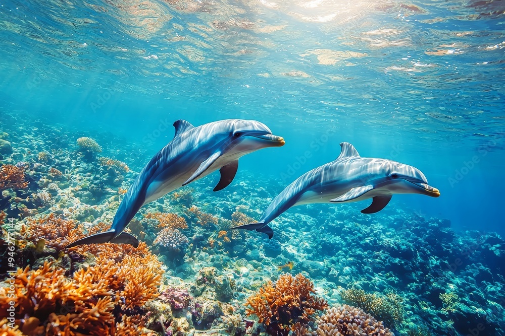 Naklejka premium The wild dolphin pair frolicking in the blue sea. Natural aquatic marine life.
