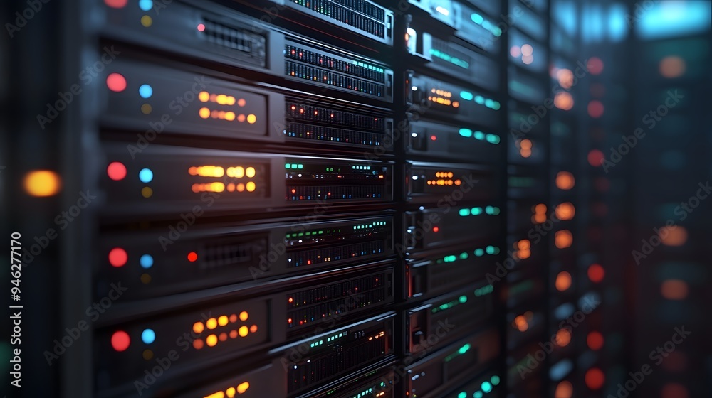 A close-up of a server stack with AI and blockchain data processing lights A close-up of a server stack with AI and blockchain data processing lights