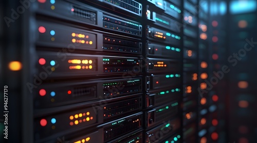 A close-up of a server stack with AI and blockchain data processing lights