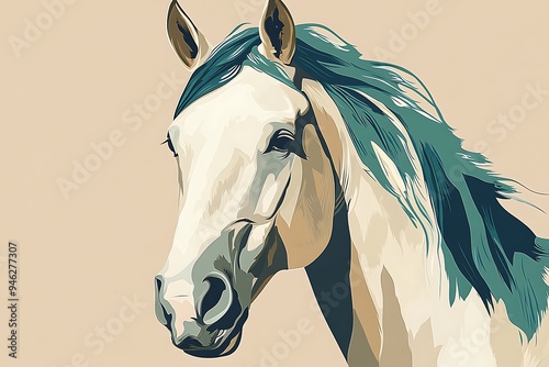 Serene Equestrian Elegance - Cream-Colored Horse with Teal Mane Close-Up Vector Portrait in L. Coffey Style on Light Brown Background Illustration photo