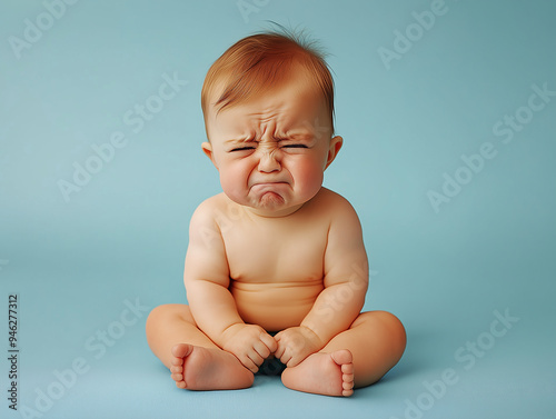 A distressed baby sitting on a blue background, showing emotions while experiencing displeasure during a playful moment