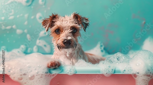 A cute dog enjoying a bubbly bath in a colorful setting. photo