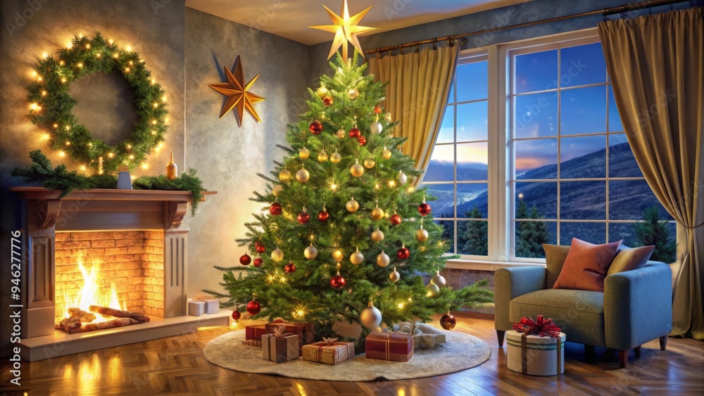 A lush, fragrant, freshly-cut evergreen Christmas tree stands tall, adorned with vibrant ornaments, twinkling fairy lights, and a star-topped peak, filling a cozy living room. A lush, fragrant, freshly-cut evergreen Christmas tree stands tall, adorned with vibrant ornaments, twinkling fairy lights, and a star-topped peak, filling a cozy living room.