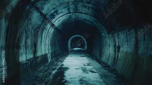 24. A chilling scene of a long, dark tunnel with distant, ominous noises
