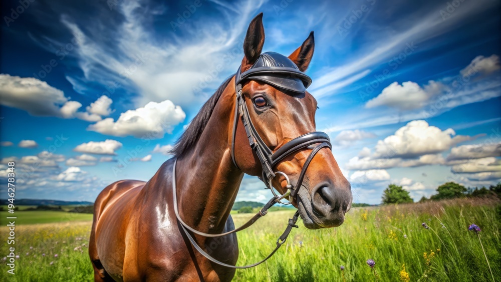Obraz premium A majestic brown horse equipped with a sleek black riding helmet and reins stands proudly in a lush green meadow under a sunny blue sky.
