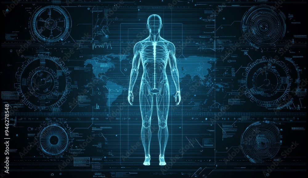 Fototapeta premium Body scan with futuristic holography interface in blue tones for health analysis