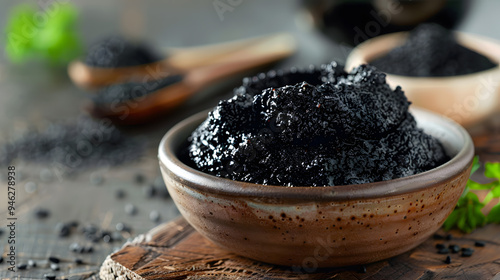 A rustic ceramic bowl holds a tasty black cumin seed paste, crafted from ground black cumin seeds. This aromatic spread is both a culinary delight and a healthenhancing ingredient photo