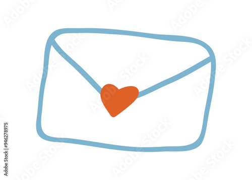 Envelope sealed with heart, love letter in doodle simple style. Romantic mail, message icon. Cute drawing, Valentine Day correspondence. Childish flat vector illustration isolated on white background