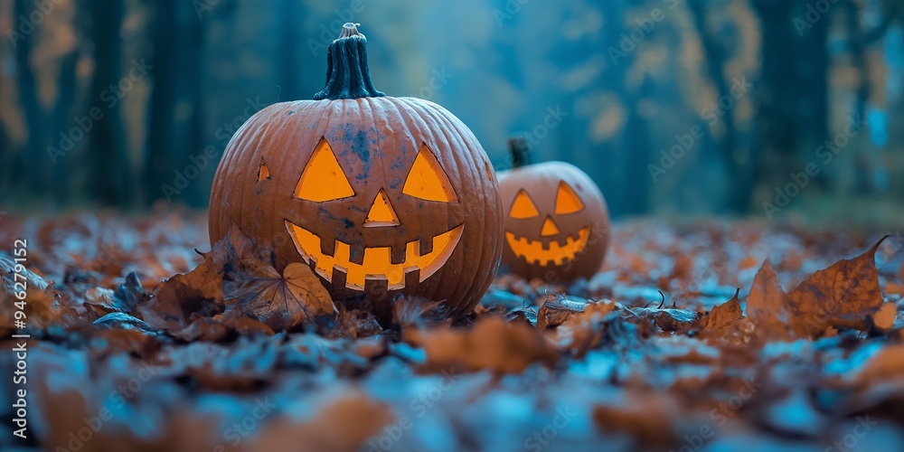 Two carved Jack-o'-Lanterns sit among colorful, fallen autumn leaves, outdoors, exuding a playful Halloween charm. Two carved Jack-o'-Lanterns sit among colorful, fallen autumn leaves, outdoors, exuding a playful Halloween charm.