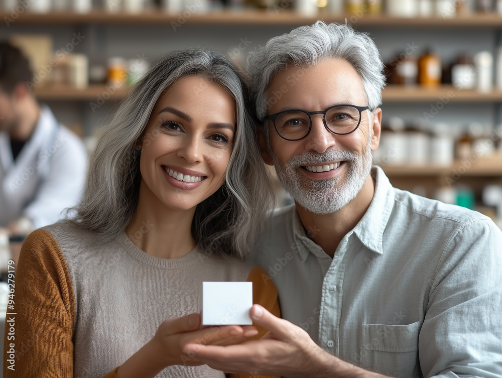 Happy couple smiles while holding a small white box in a pharmacy medical shop filled with jars and containers during daylight hours Happy couple smiles while holding a small white box in a pharmacy medical shop filled with jars and containers during daylight hours