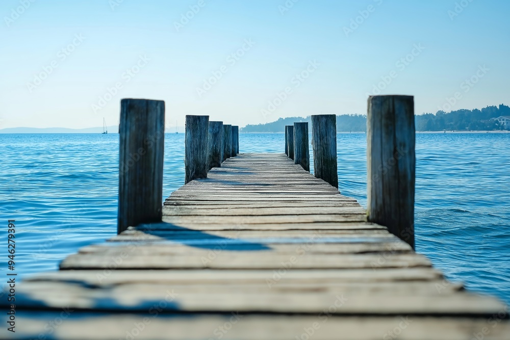 A wooden pier stretches into calm blue water under a clear sunny sky, inviting tranquility and a sense of adventure. A wooden pier stretches into calm blue water under a clear sunny sky, inviting tranquility and a sense of adventure.