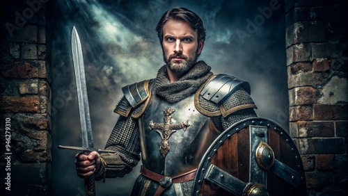 A medieval knight with a noble expression, adorned in ornate armor, poses with a sword and shield, symbolizing chivalry and honor. photo