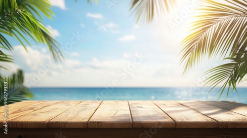 Wooden Tabletop with a Beach Scene in the Background.