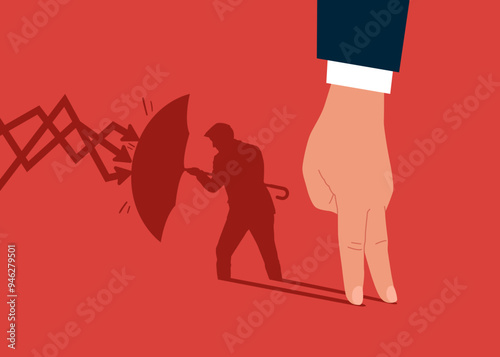 Arm standing with shadow man holding umbrella to cover and protect from downturn arrow. Defensive stock in economy crisis or  insurance concept. Modern vector illustration in flat style