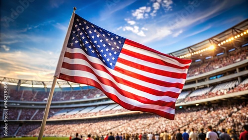 American flag waving proudly in the foreground, with a blurred stadium crowd in the background, evoking a sense of national pride and sportsmanship. photo