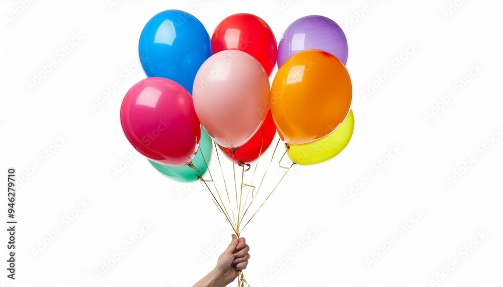 Hand holds colorful balloons isolated on a white background. Hand holds colorful balloons isolated on a white background.