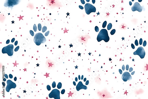 Whimsical Navy Blue Watercolor Paw Prints and Pink Stars on White Background - Magical and Charming Pet Pattern