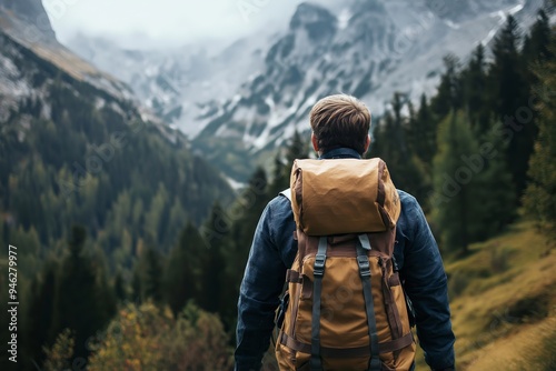 A hiker with a large brown backpack is seen from behind, facing a majestic mountain range surrounded by dense forest.