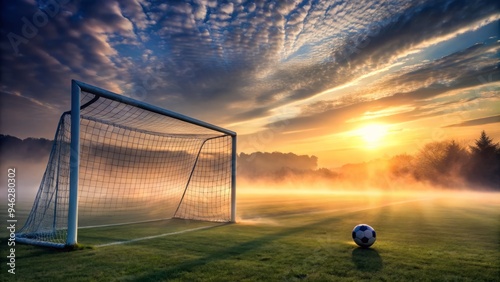 A misty stadium at dawn light, featuring a solo football resting in the net, surrounded by sturdy goalposts, evoking a sense of serene athletic achievement. photo