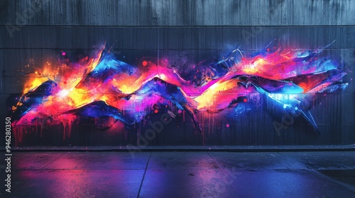 Colorful urban mural with vibrant abstract design, featuring swirling patterns and a striking blend of hues and textures.