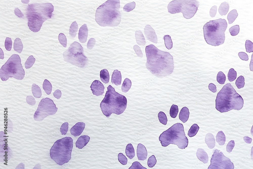 Obraz premium Serene Lavender Watercolor Paw Prints on White Background with Subtle Shadows - Dreamy and Textured Design