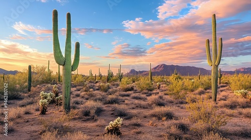 Saguaro cacti in the Arizona desert, sunset sky, wide open area for copy