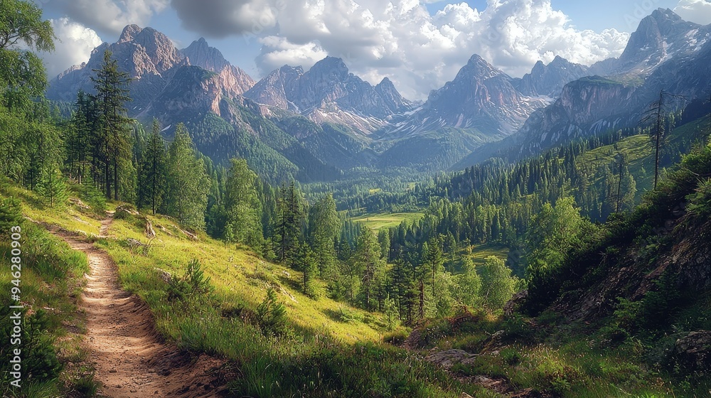 Fototapeta premium A serene mountain landscape with a winding path through lush greenery and towering peaks.