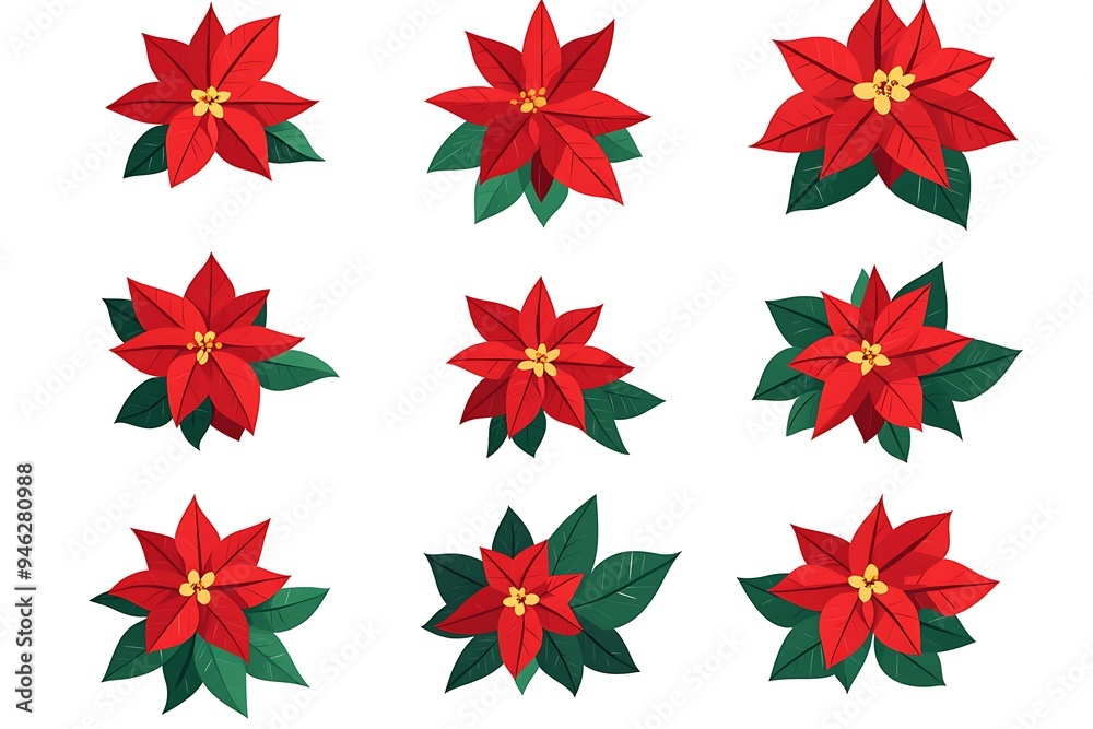 Festive Christmas Poinsettia Icons in Flat Design on White Background Festive Christmas Poinsettia Icons in Flat Design on White Background
