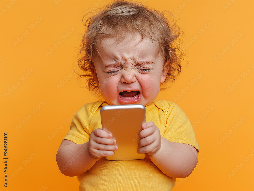 A toddler expresses frustration while holding a phone against a bright yellow background in a playful indoor setting A toddler expresses frustration while holding a phone against a bright yellow background in a playful indoor setting