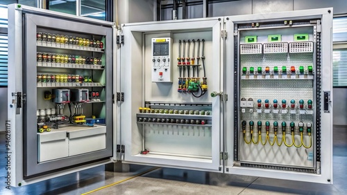 A modern industrial control cabinet with various electronic components, wires, and buttons, housed in a sleek metal enclosure with a glass front panel. photo