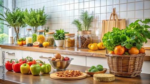 A modern kitchen counter displaying a variety of whole foods, fresh fruits, and a small herb garden amidst a subtle background of gold coins and financial charts. photo