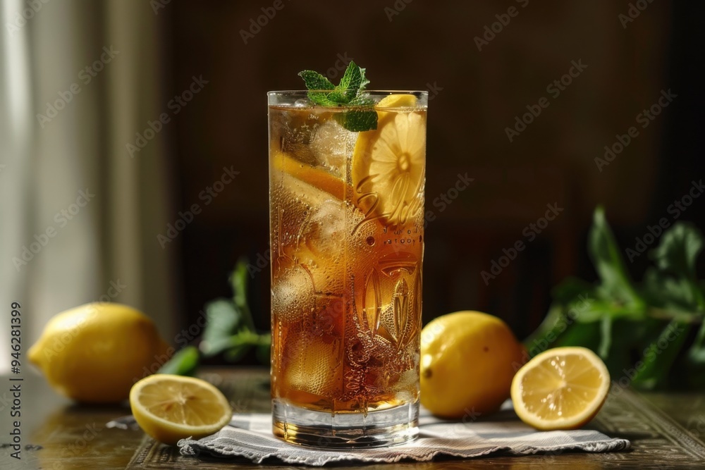 A tall glass of iced tea with lemon slices and mint leaves A tall glass of iced tea with lemon slices and mint leaves