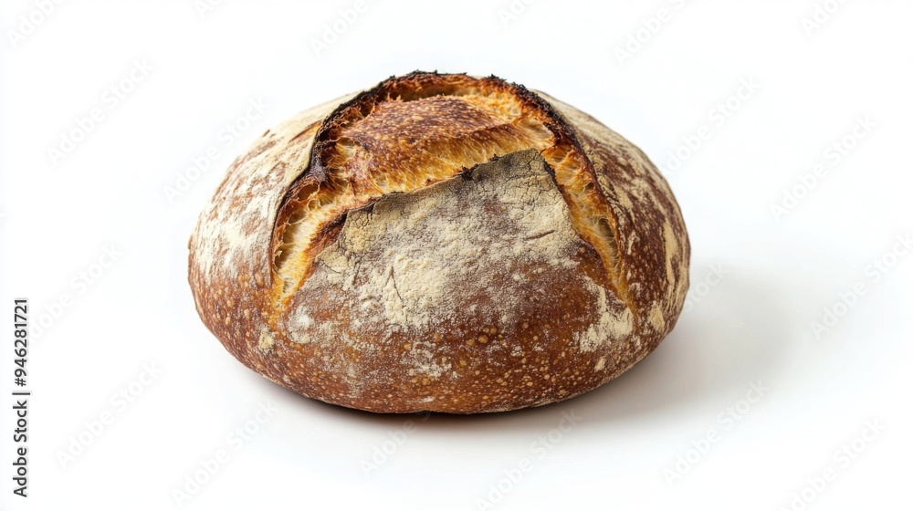 A crusty sourdough bread with a rustic look, placed on a white background, emphasizing the natural, homemade appeal of traditional baking A crusty sourdough bread with a rustic look, placed on a white background, emphasizing the natural, homemade appeal of traditional baking