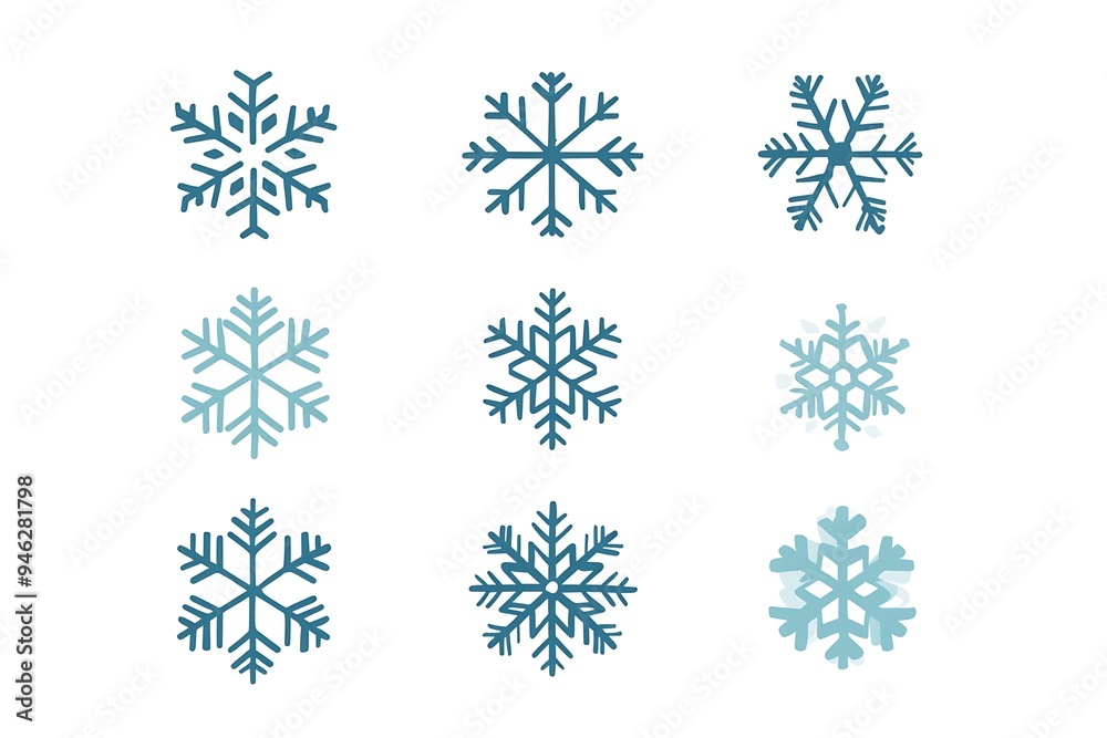 Festive Christmas Snowflake Icons Set in Flat Design Style on White Background Festive Christmas Snowflake Icons Set in Flat Design Style on White Background