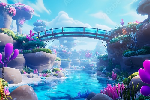 Vibrant Cartoon Underwater Kingdom with Glass Bridge in Fortnite Style - Colorful Game Background Design Featuring Sea Creatures and Coral Reefs