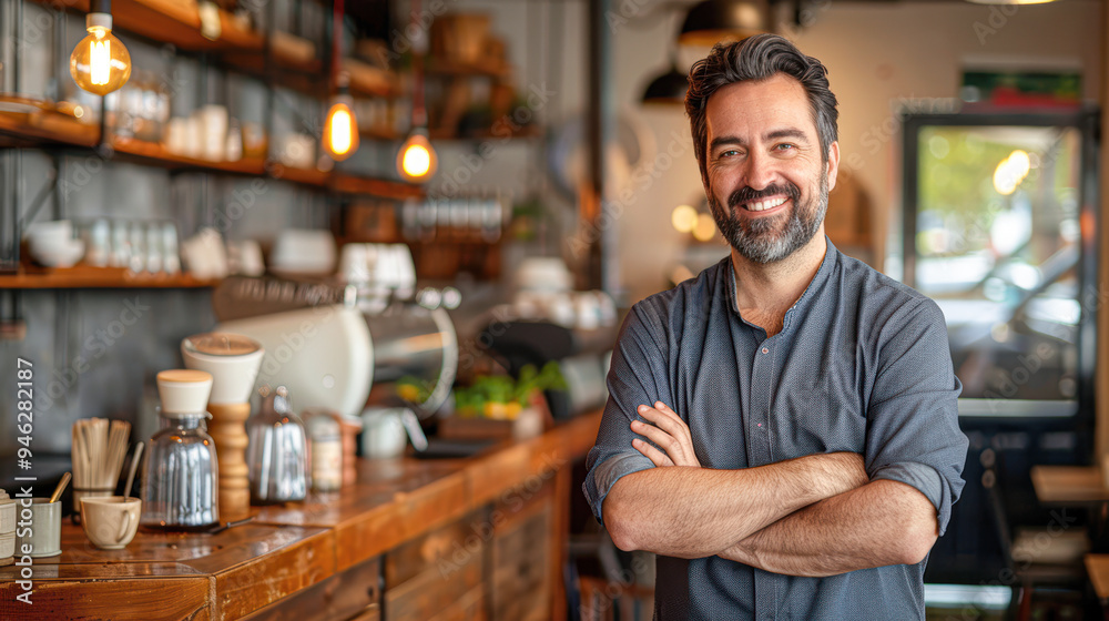 A man is standing in a coffee shop with his arms crossed A man is standing in a coffee shop with his arms crossed
