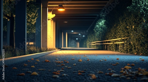 A dimly lit walkway at night, lined with greenery and benches.  Fallen leaves scatter the ground.  A sense of mystery and tranquility. photo