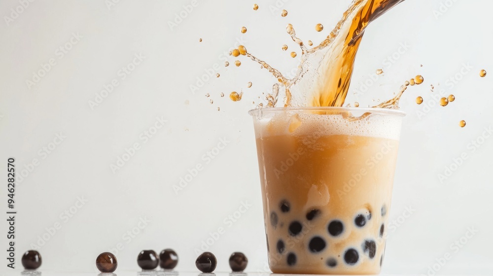 A cup of bubble tea with a splash of tea being poured in, capturing the ...