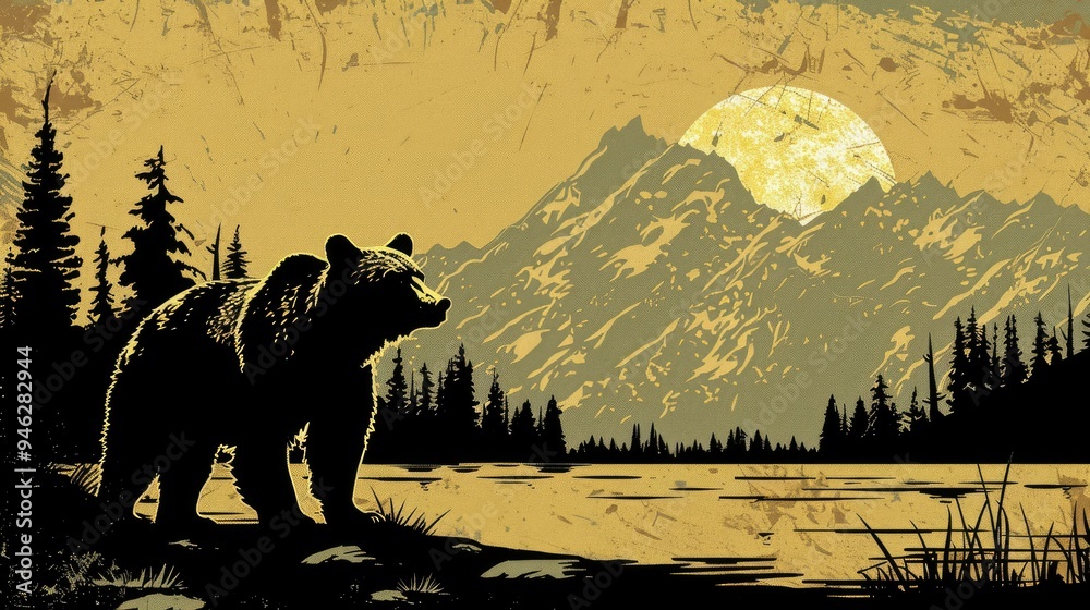 Naklejka premium A grizzly bear standing in front of a mountain range with trees and a lake