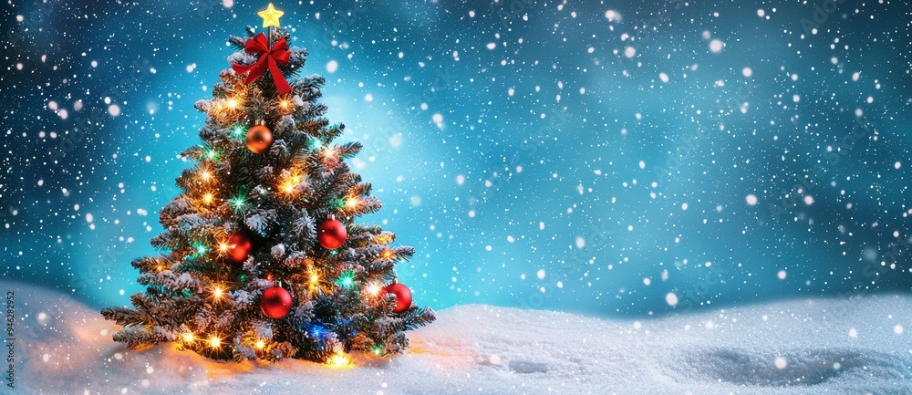 In contrast to the dark blue background, the Christmas tree is covered in snow