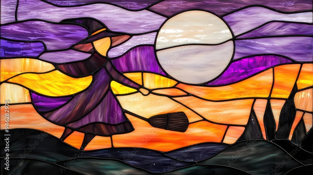 Obraz premium Witch flying on a broomstick across a moonlit sky in stained glass