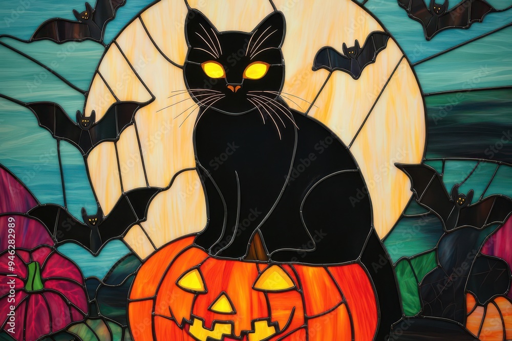 Colorful stained glass image of a black cat with glowing yellow eyes sitting on a pumpkin, surrounded by moonlit bats and spider webs, black cat design, Halloween stained glass art Colorful stained glass image of a black cat with glowing yellow eyes sitting on a pumpkin, surrounded by moonlit bats and spider webs, black cat design, Halloween stained glass art