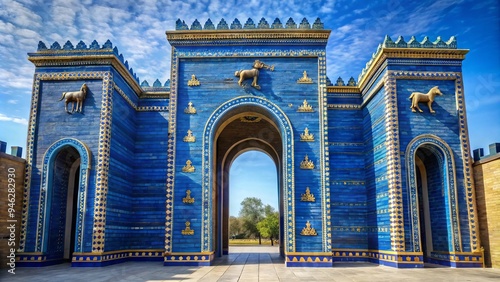 Ancient blue-glazed bricks adorn the reconstructed Ishtar Gate, once a magnificent entrance to Babylon, now a celebrated archaeological wonder in modern-day Iraq. photo