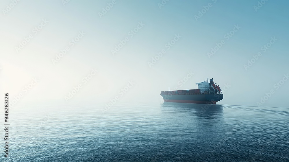 Side view of a cargo ship moving through the sea, no crew visible, space for text Side view of a cargo ship moving through the sea, no crew visible, space for text