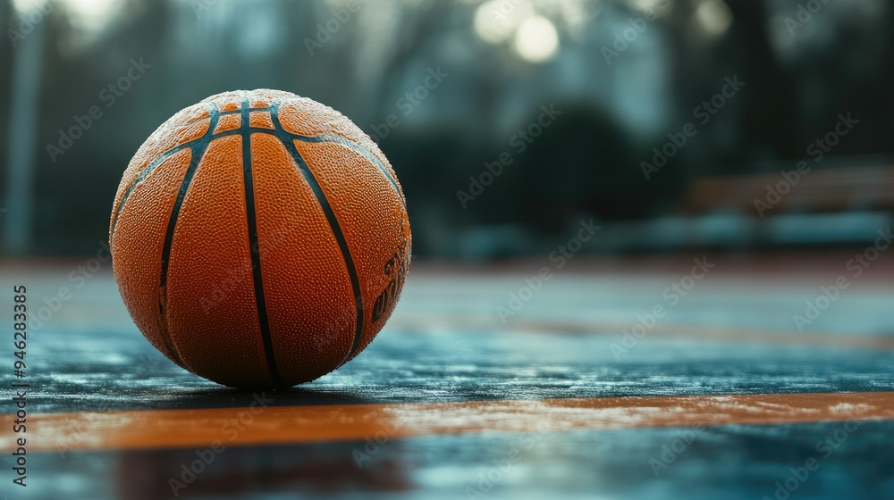Single basketball on a court, close-up perspective, detailed texture, room for text Single basketball on a court, close-up perspective, detailed texture, room for text