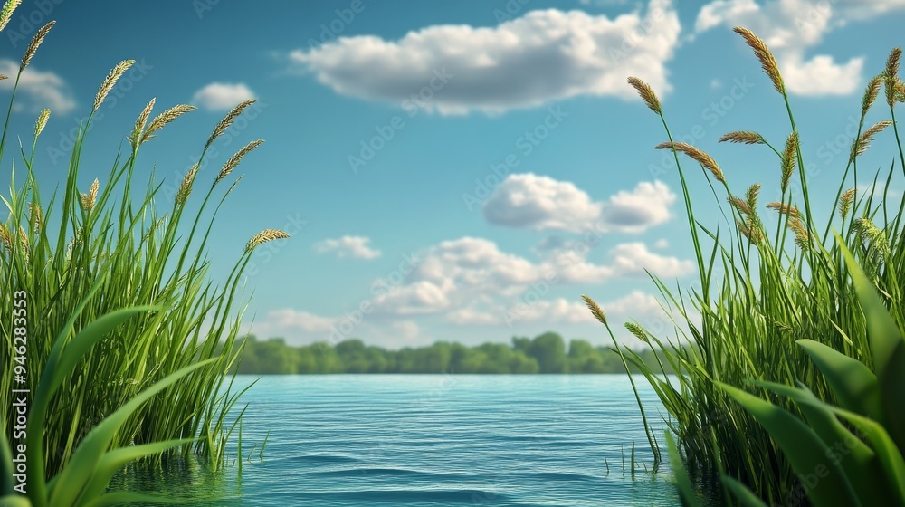 Fototapeta premium A serene lake scene with tall green grass framing the view of blue water and a bright sky with fluffy white clouds.