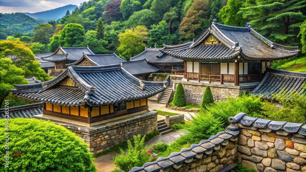 Ancient stone walls and traditional tiled roofs of a historic Korean temple harmoniously blend with lush greenery in a serene natural surroundings. Ancient stone walls and traditional tiled roofs of a historic Korean temple harmoniously blend with lush greenery in a serene natural surroundings.