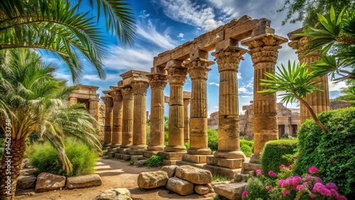 Ancient stone temple columns stand tall amidst lush greenery, ornate carvings adorning the structure, evoking a sense of mystique and historical significance in the Middle East. photo