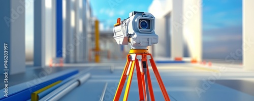 A surveying instrument on a tripod in a construction site.